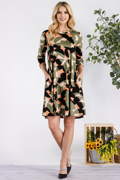 Celeste Olive Full Size Geometric Round Neck Dress with Pockets