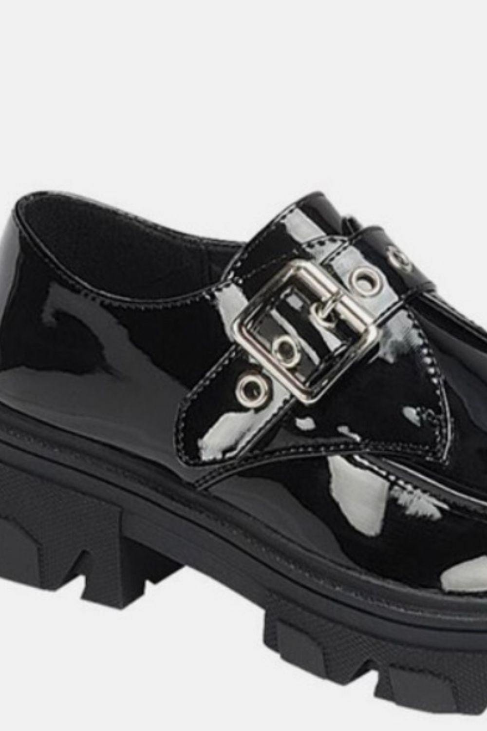 Forever Link Shiny Black Buckled Platform Lug Sole Loafers