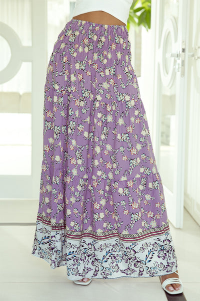 Lavendar Tiered Printed Elastic Waist Skirt