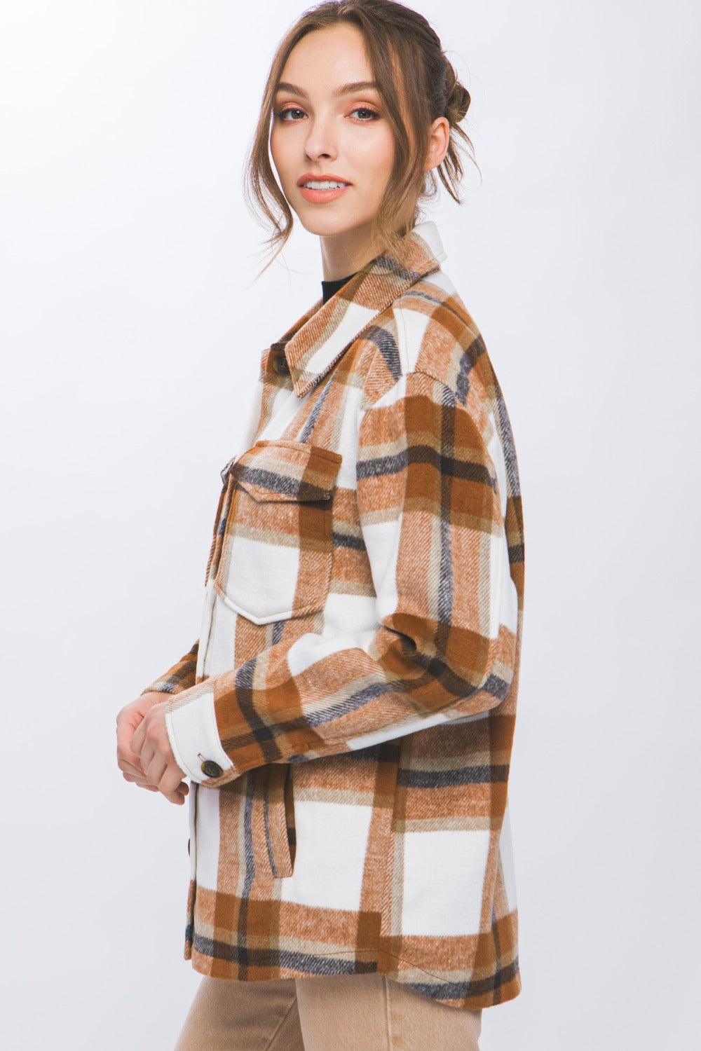 Love Tree Clay Plaid Button Up Shacket