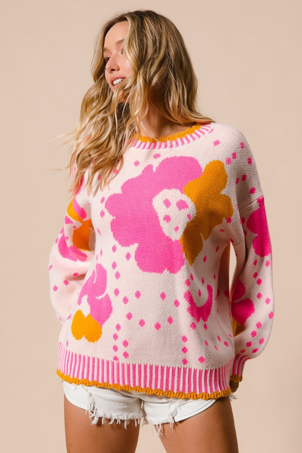 BiBi Pink Combo Flower Pattern Contrast Sweater