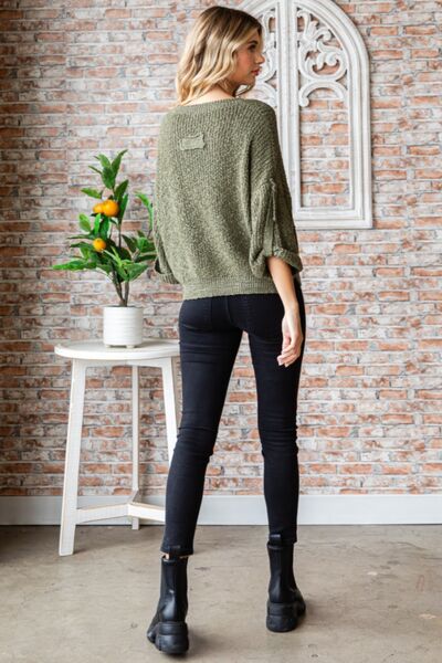 Veveret Olive Round Neck Roll-Up Sweater