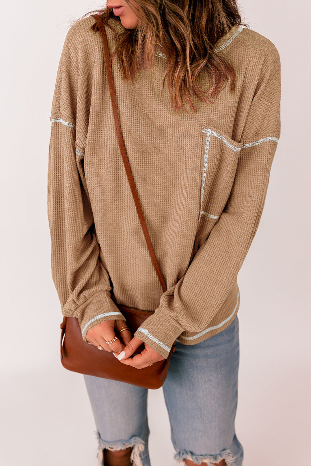 Contrast Stitching Waffle Knit Top