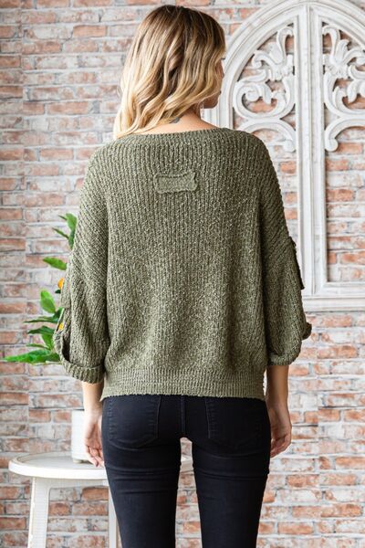 Veveret Olive Round Neck Roll-Up Sweater