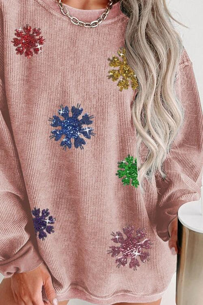 Sequin Falling Snowflake Round Neck Sweatshirt