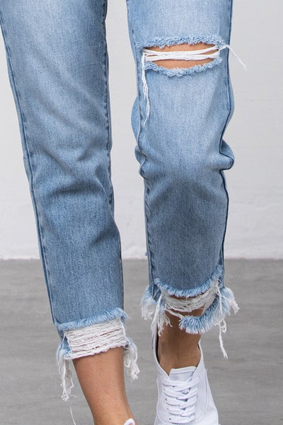 Denim Lab USA High Waist Ripped Frayed Hem Tapered Jeans