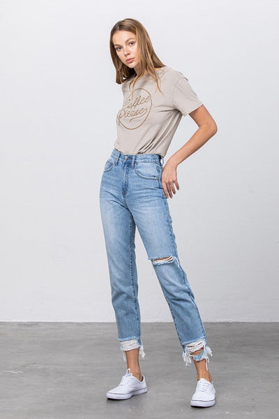 Denim Lab USA High Waist Ripped Frayed Hem Tapered Jeans
