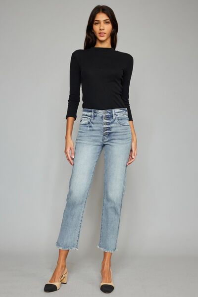 Kancan Harlow High Waist Button Fly Raw Hem Cropped Straight Jeans