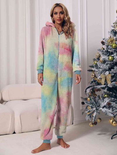 Lounge Buddies Zip Front Long Sleeve Hooded Teddy Lounge Jumpsuit