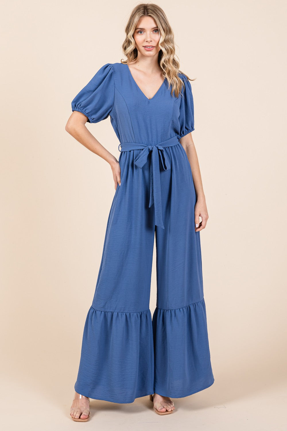 GeeGee Denim Blue Full Size Belted Wide Leg Jumpsuit