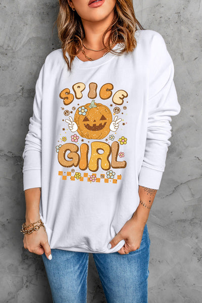 Round Neck Long Sleeve Tan SPICE GIRL Graphic Sweatshirt