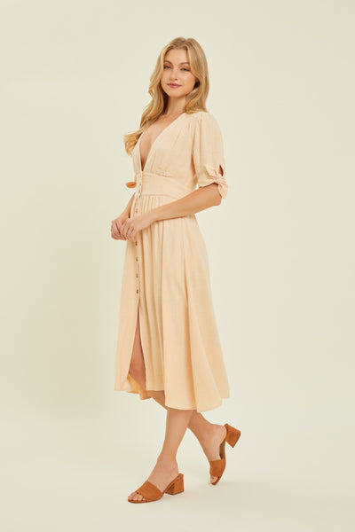HEYSON Cream Full Size Textured Linen V-Neck Button-Down Midi Dress