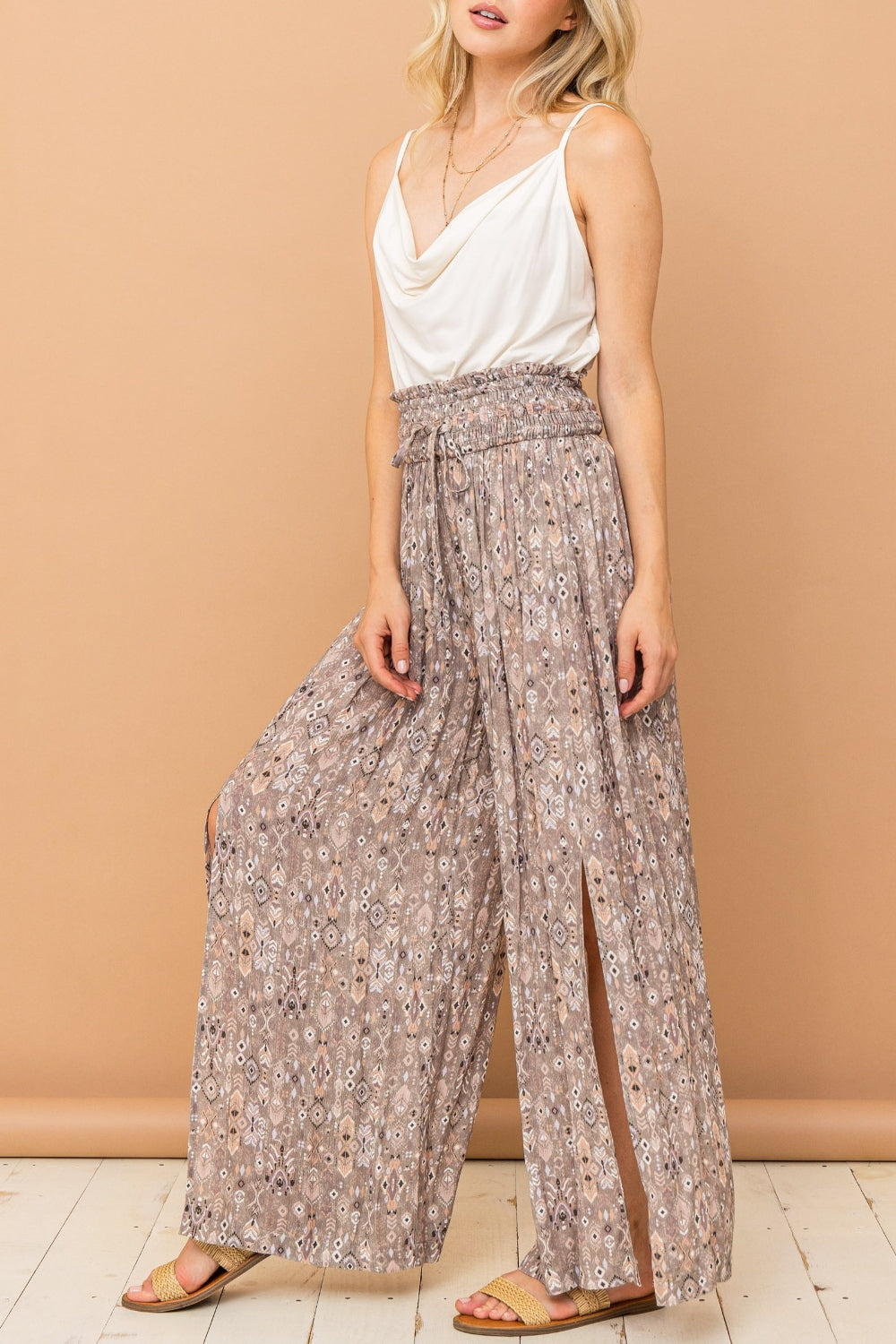 And The Why Grey Printed Smocked Waist Slit Wide Leg Pants