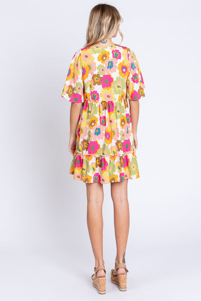 GeeGee Summer Sun Full Size Floral V-Neck Ruffle Trim Mini Dress