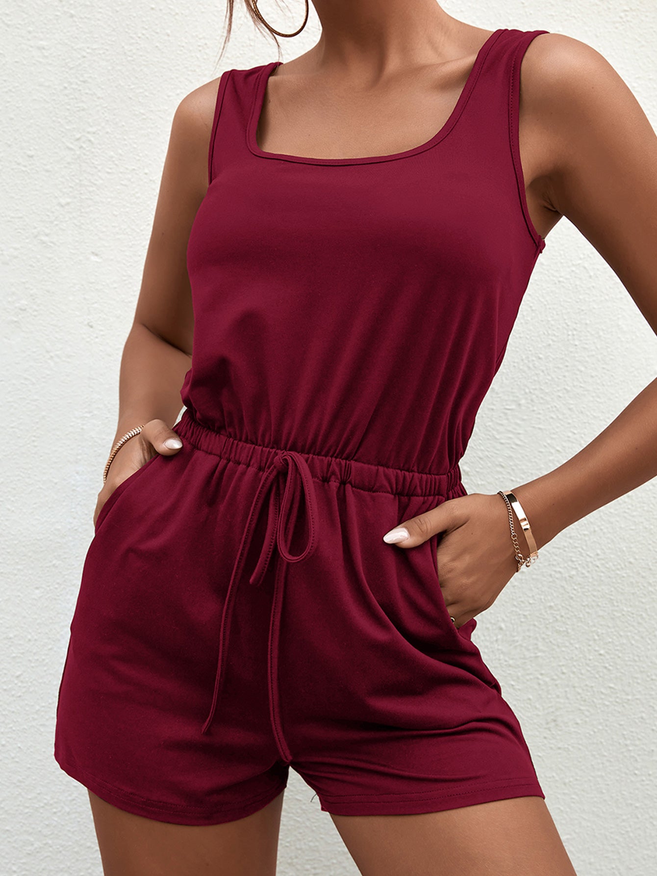 San Fran Square Neck Sleeveless Romper with Pockets