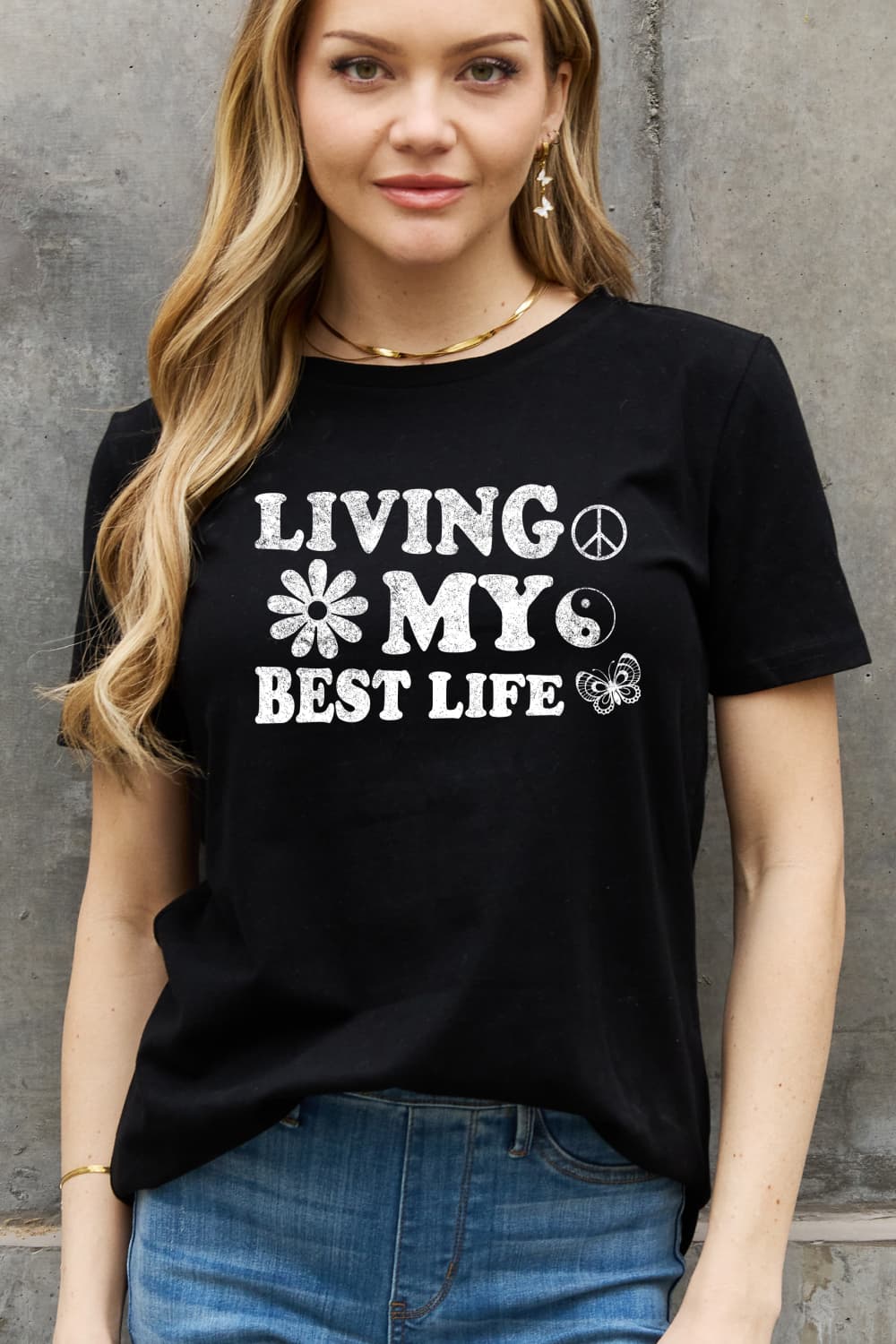Simply Love Full Size LIVING MY BEST LIFE Graphic Cotton Tee