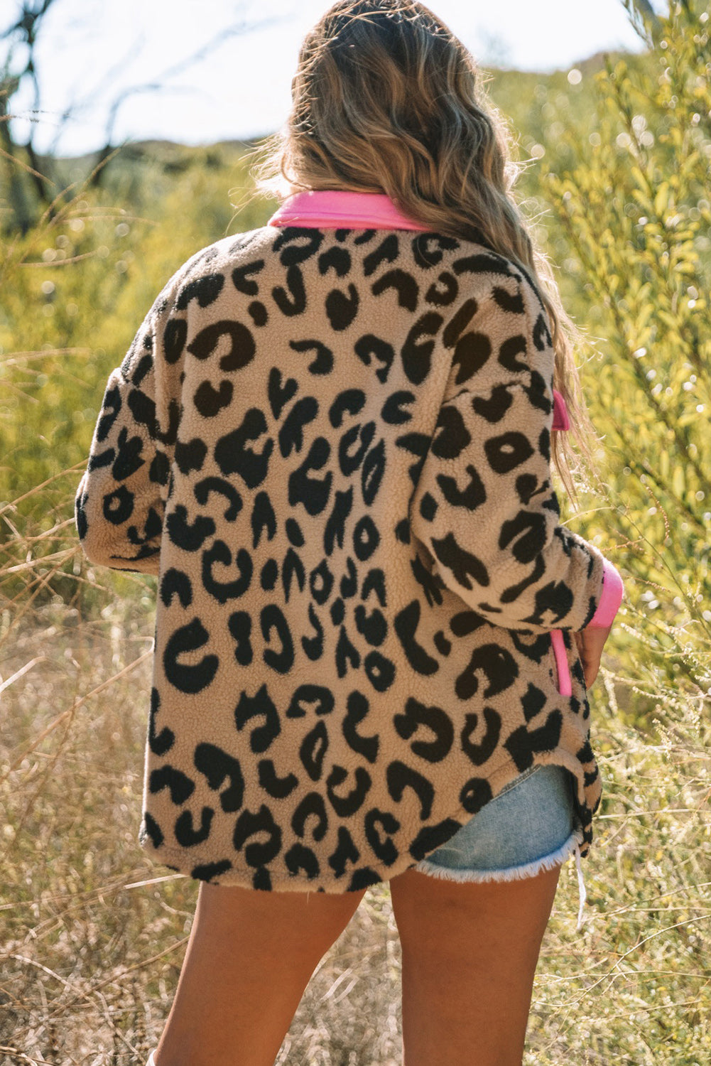Pink Trim Leopard Contrast Teddy Shacket with Pockets