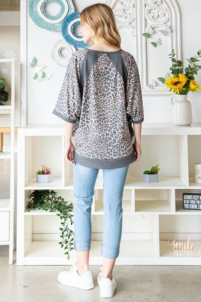 Heimish Full Size Mocha Leopard Contrast V-Neck Half Sleeve T-Shirt