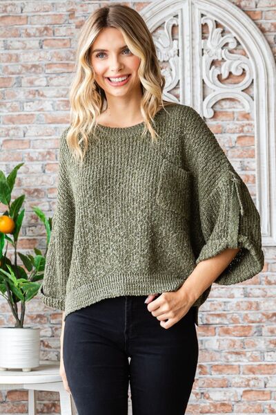 Veveret Olive Round Neck Roll-Up Sweater