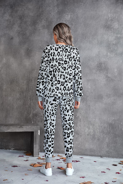 Leopard V-Neck Dropped Shoulder Loungewear Set
