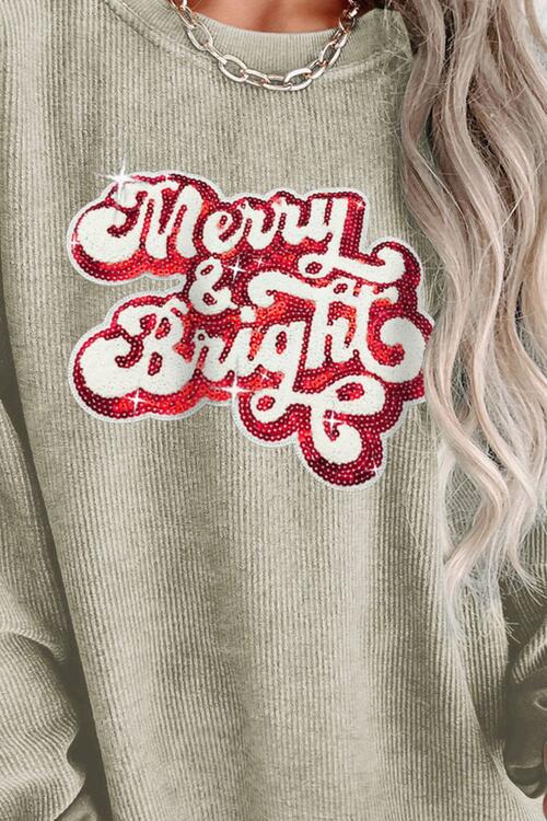 Ribbed Sequin Letter Merry and Bright Graphic Sweatshirt