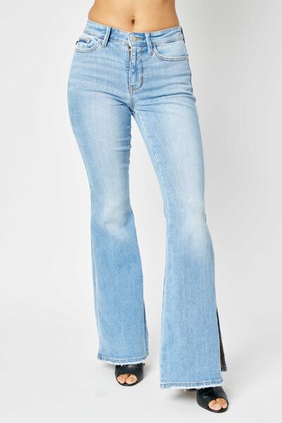 Judy Blue Charlene Full Size Mid Rise Raw Hem Slit Flare Jeans