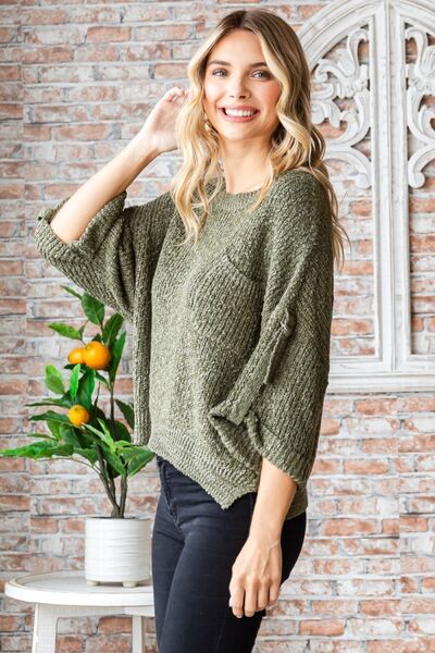 Veveret Olive Round Neck Roll-Up Sweater