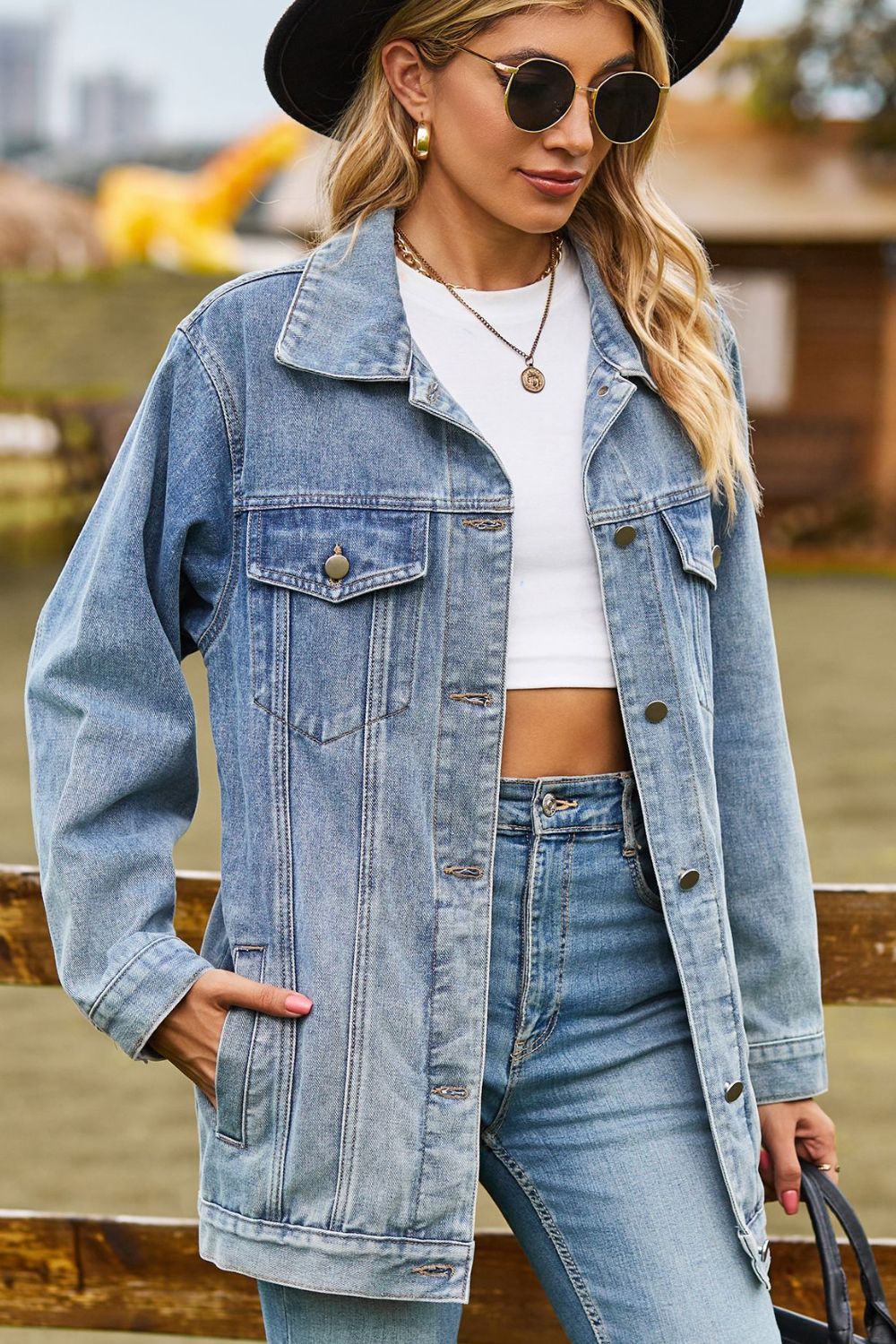 Fool Me Once Buttoned Collared Neck Denim Jacket with Pockets