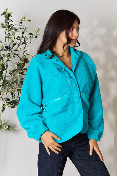 Zenana Light Teal Snap Button Fleece Jacket