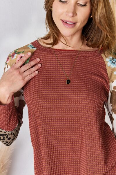 Hailey & Co Emersyn Full Size Leopard Waffle-Knit Blouse