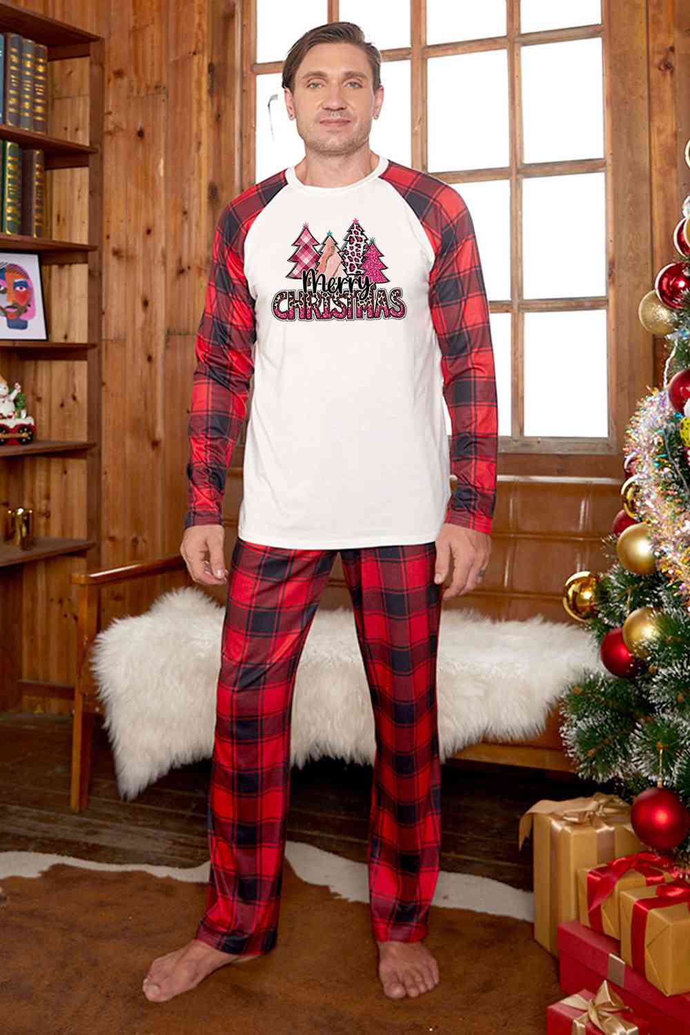 MERRY CHRISTMAS Tree  Graphic Top and Plaid Pants Set- Men's