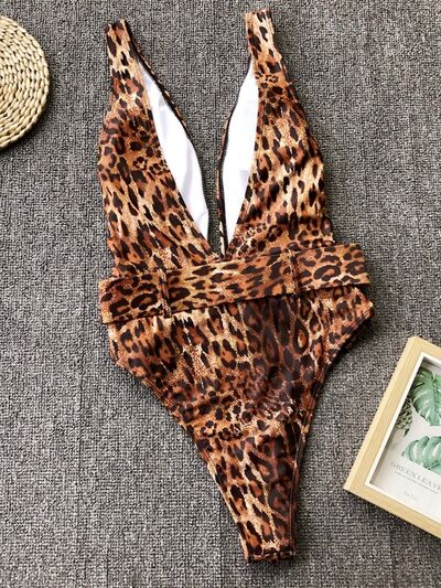 Leopard Plunge Wide Strap Sleeveless One-Piece Swimwear