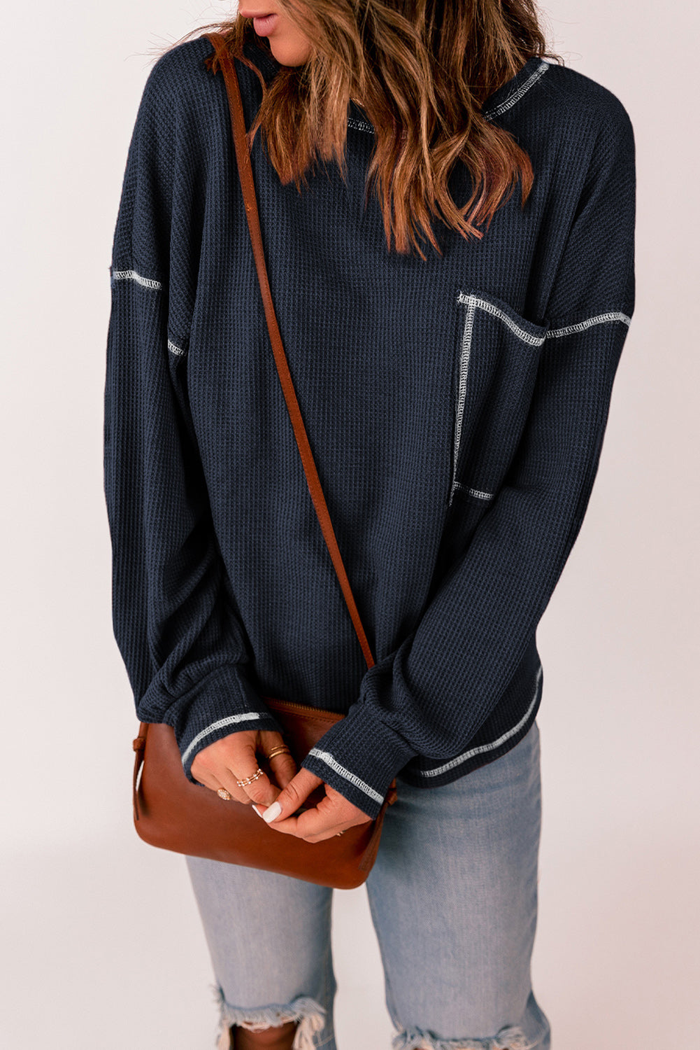 Contrast Stitching Waffle Knit Top