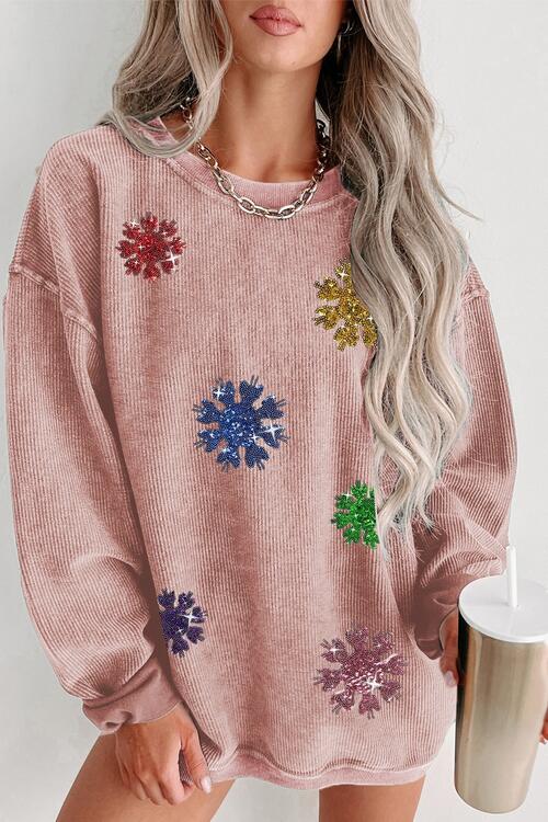 Sequin Falling Snowflake Round Neck Sweatshirt