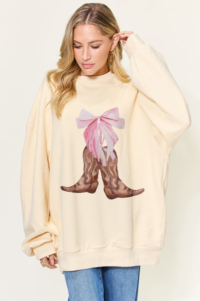 Simply Love Full Size Boots and Bows Graphic Long Sleeve Sweatshirt