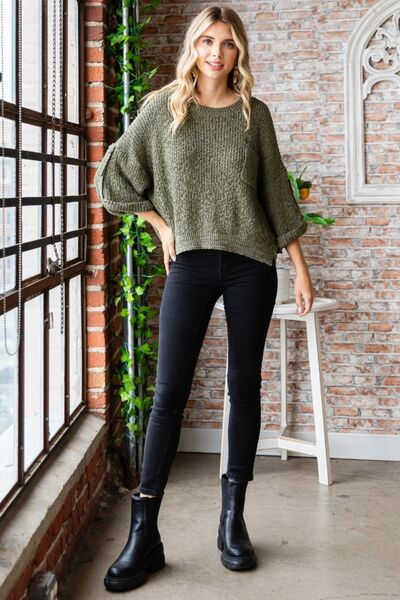 Veveret Olive Round Neck Roll-Up Sweater