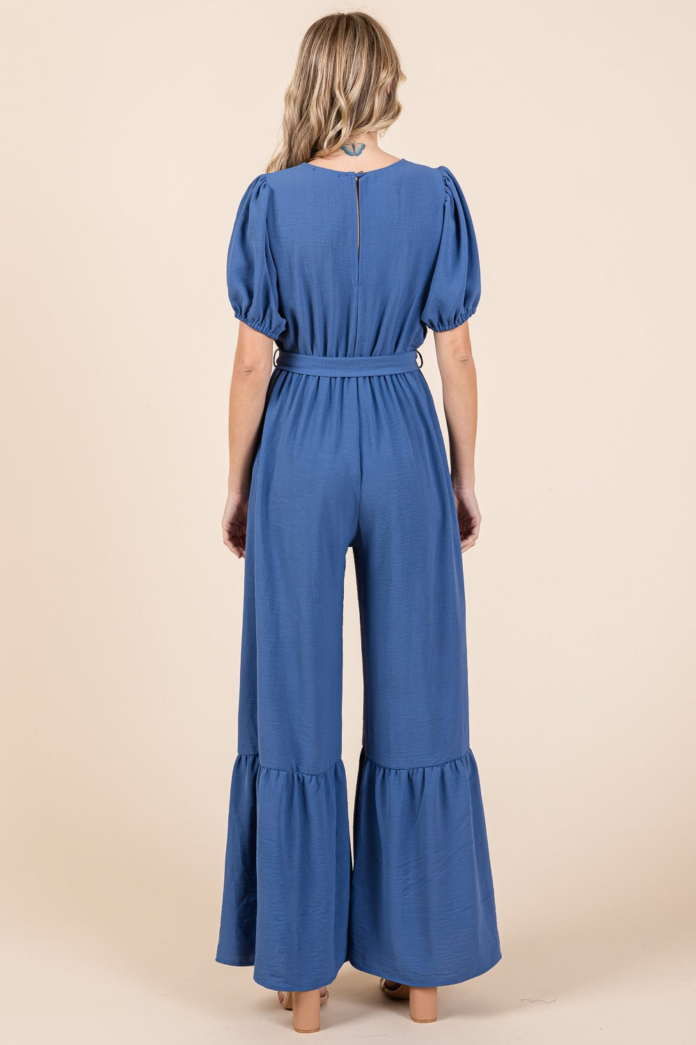 GeeGee Denim Blue Full Size Belted Wide Leg Jumpsuit