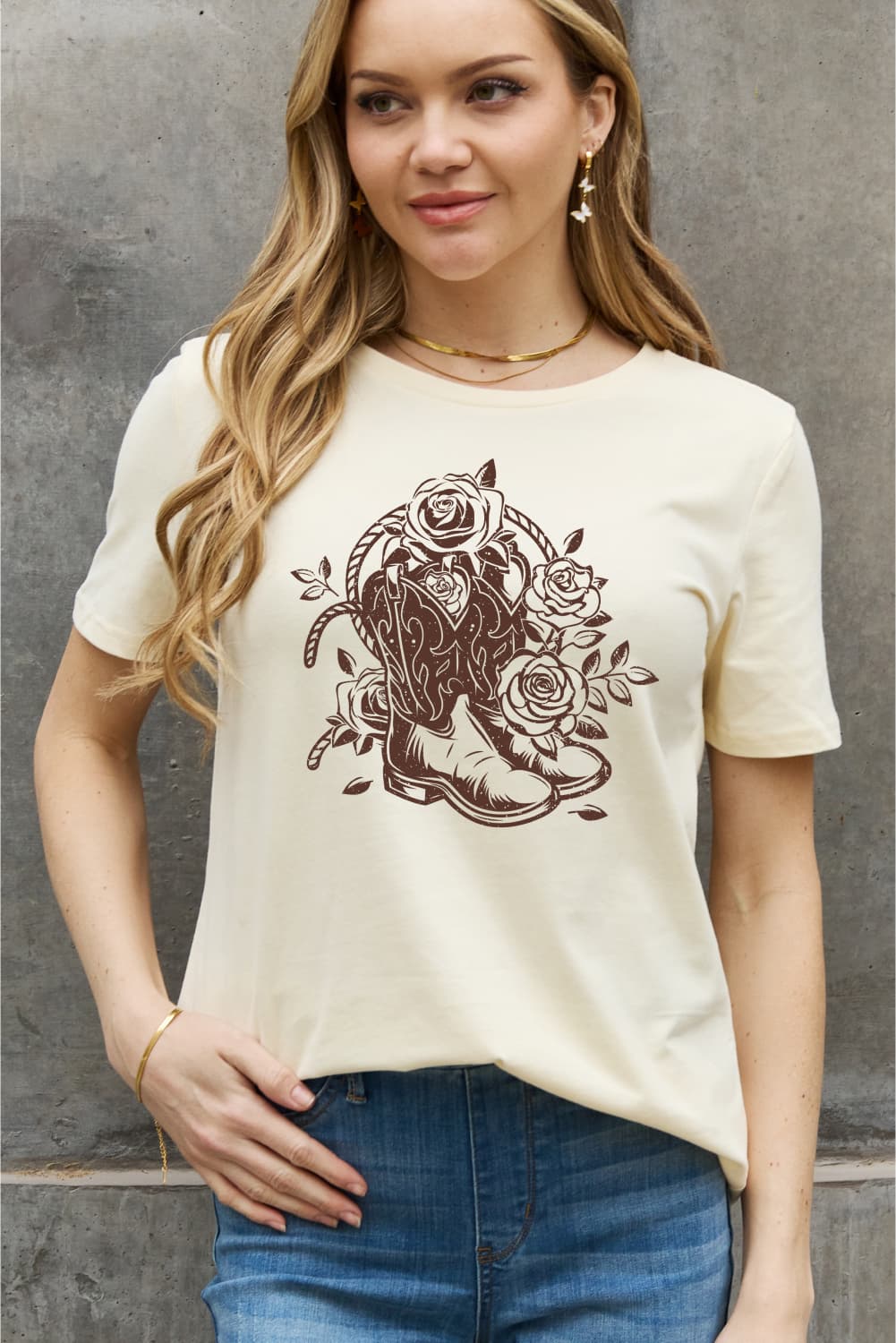 Simply Love Full Size Cowboy Boots Flower Graphic Cotton Tee