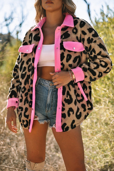 Pink Trim Leopard Contrast Teddy Shacket with Pockets