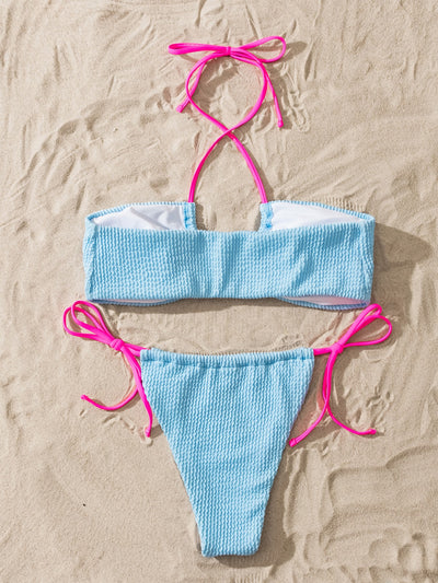 Pastel Blue Tied Contrast Two-Piece Bikini Set