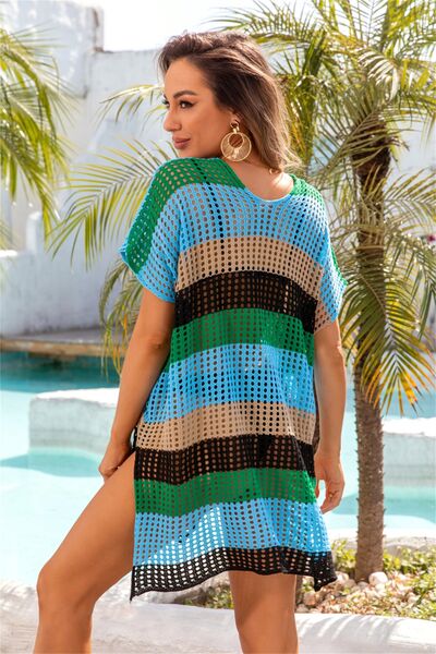 Do Not Disturb Openwork Striped V-Neck Short Sleeve Cover Up