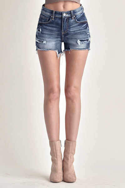 RISEN Clarissa Mid Rise Raw Hem Denim Shorts