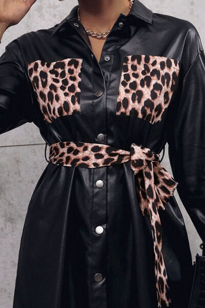 Tied Leopard Snap Down Trench Coat