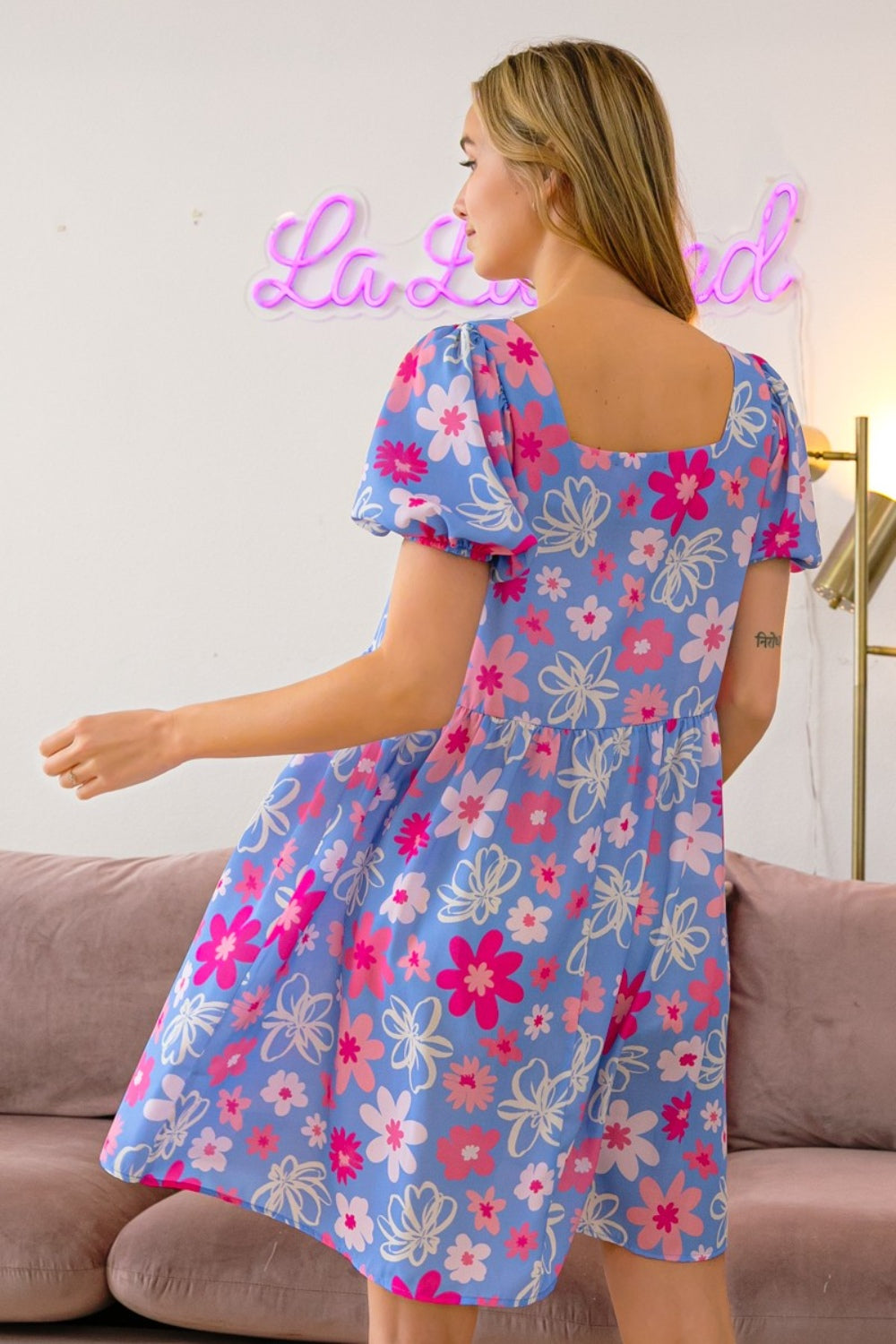 BiBi Blue Dreams Floral Puff Sleeve Mini Dress