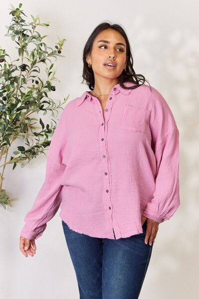 Zenana Mauve Texture Button Up Raw Hem Long Sleeve Shirt