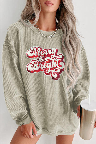 Ribbed Sequin Letter Merry and Bright Graphic Sweatshirt