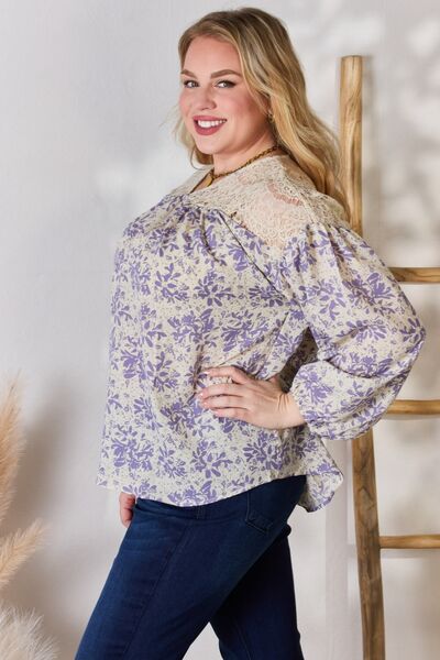 Hailey & Co Full Size Lilac Lace Detail Printed Blouse