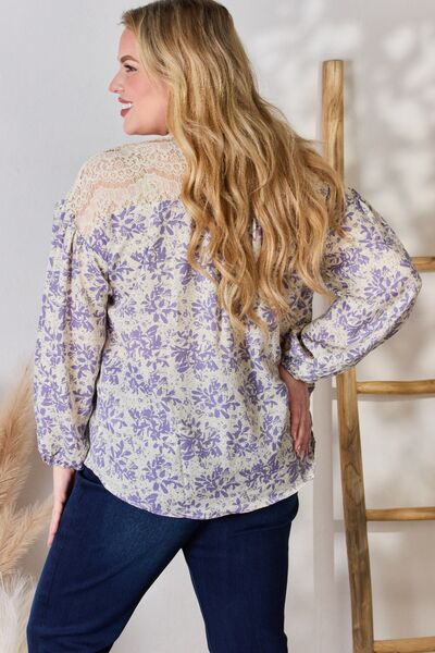 Hailey & Co Full Size Lilac Lace Detail Printed Blouse