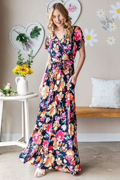 Heimish Coralinda Full Size Floral Surplice Tie Waist Maxi Dress