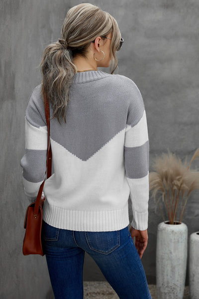 Chevron Color Block V-Neck Dropped Shoulder Sweater